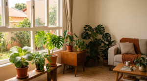 Apartamento aconchegante com diversas plantas de interior recebendo luz natural da janela