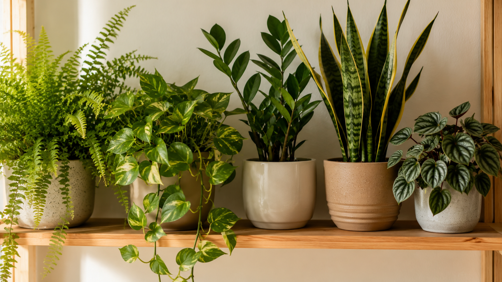 Prateleira com diferentes plantas para apartamento: samambaia, jiboia, zamioculca, espada-de-são-jorge e peperômia