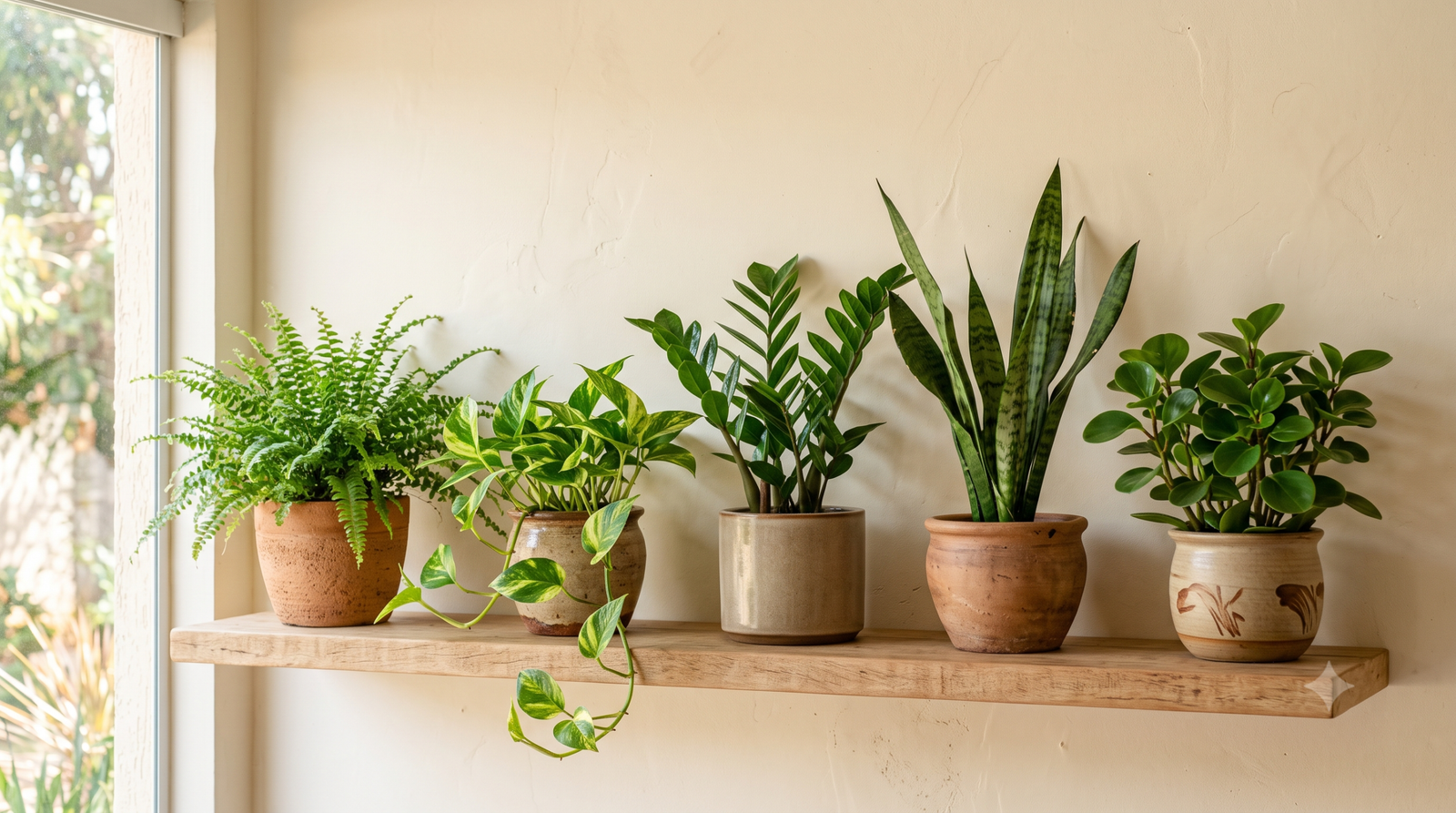 Variedade de plantas de apartamento em vasos de cerâmica sobre prateleira de madeira