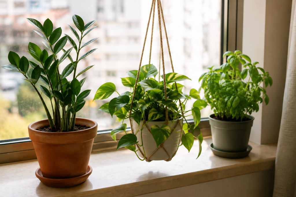 Zamioculca, jiboia e manjericão em vasos diferentes numa janela de apartamento