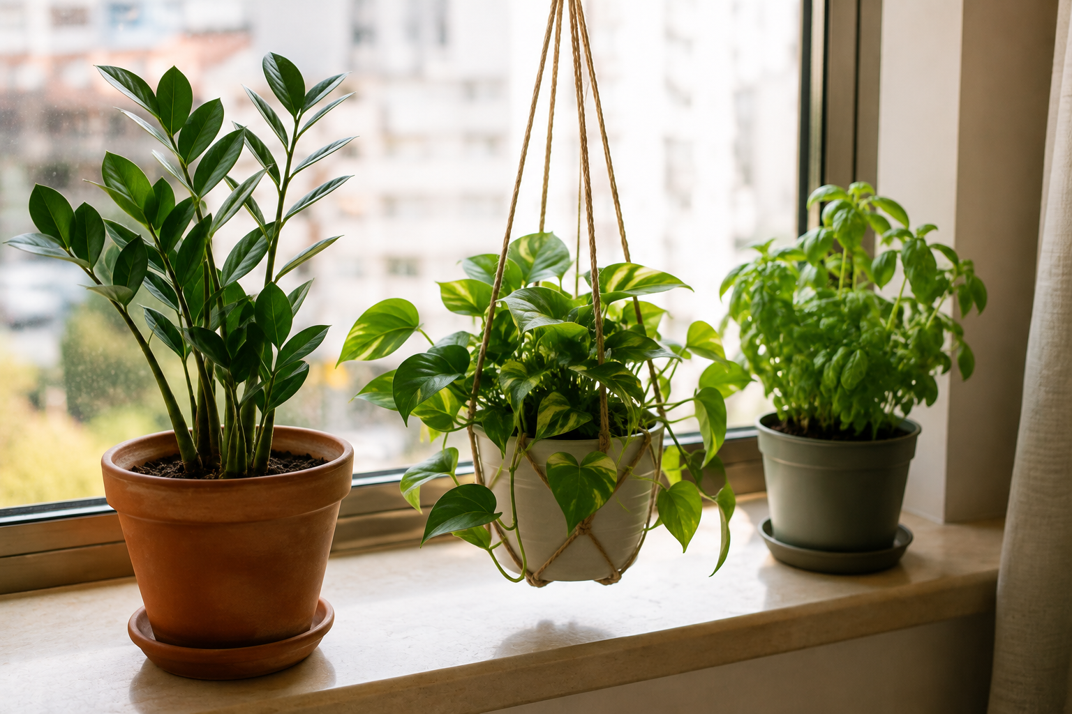 Zamioculca, jiboia e manjericão em vasos diferentes numa janela de apartamento