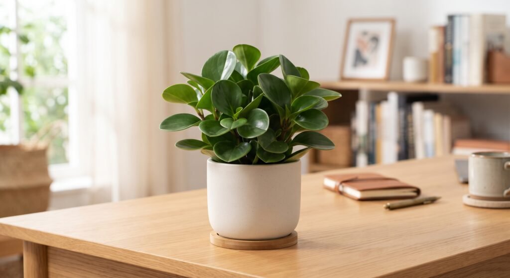 Planta peperomia compacta com folhas arredondadas e brilhantes, em vaso branco sobre mesa de madeira