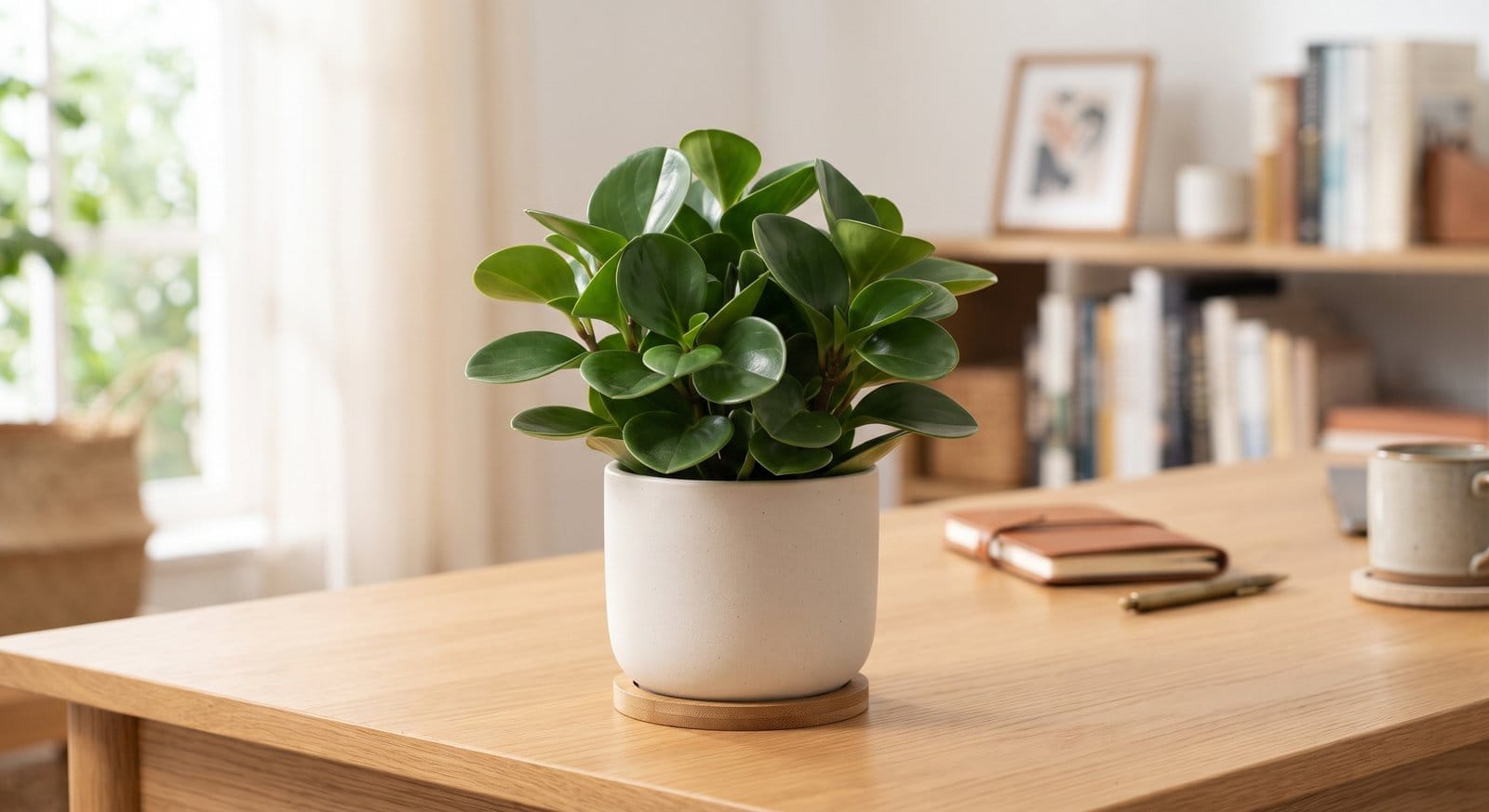 Planta peperomia compacta com folhas arredondadas e brilhantes, em vaso branco sobre mesa de madeira