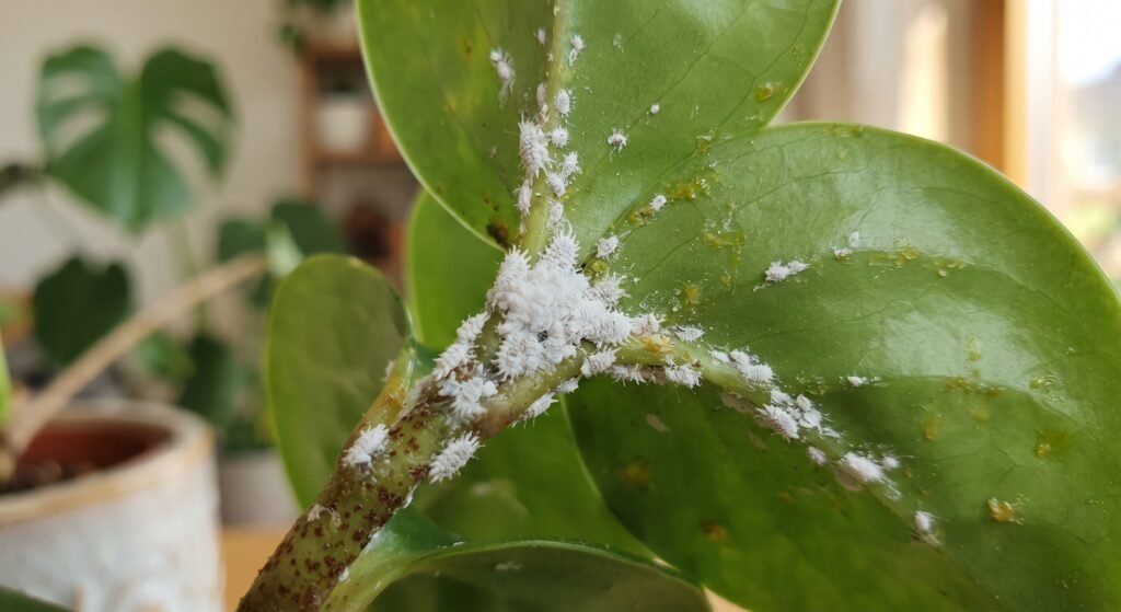 Close-up de folhas e caule de planta com infestacao de cochonilha branca algodoada