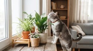 Gato cinza e branco cheirando plantas em vasos como lirio-da-paz e clorofito perto de janela