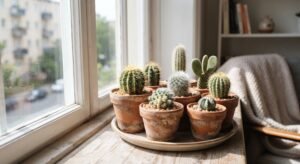 Varios cactos pequenos de especies diferentes em vasos de barro sobre bandeja, parapeito de janela iluminado