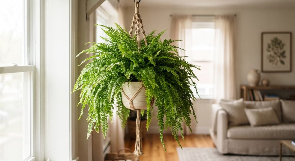 Samambaia frondosa com folhas verdes em cascata, em vaso suspenso de macrame perto de janela, sala de apartamento iluminada
