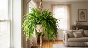 Samambaia frondosa com folhas verdes em cascata, em vaso suspenso de macrame perto de janela, sala de apartamento iluminada