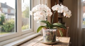 Orquidea phalaenopsis com flores brancas em vaso transparente sobre mesa perto de janela
