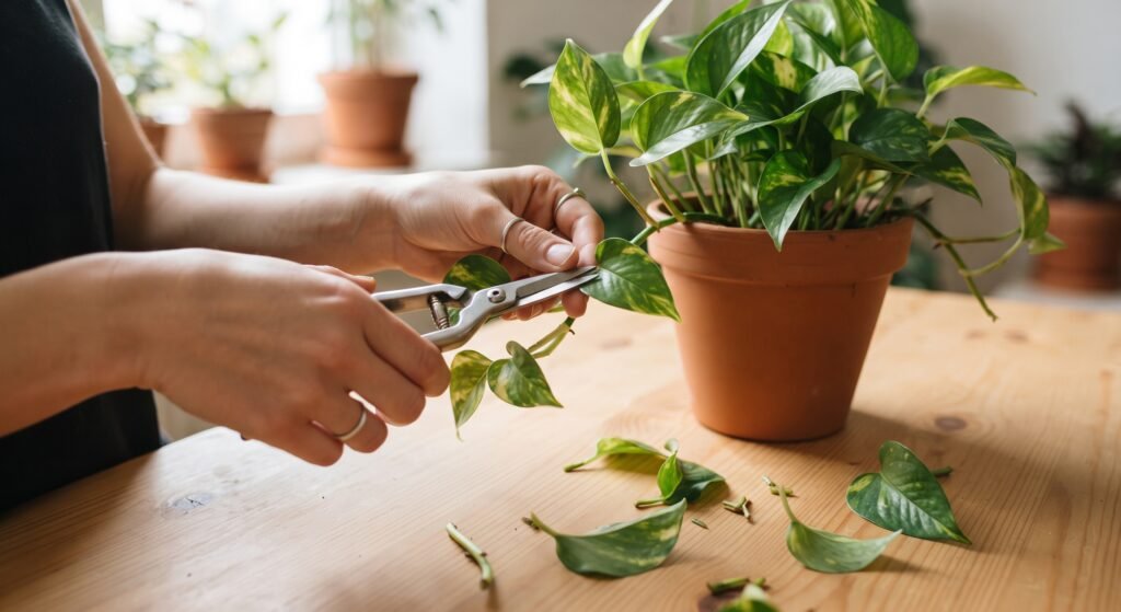 Maos usando tesoura de poda para cortar folhas de jiboia sobre mesa de madeira