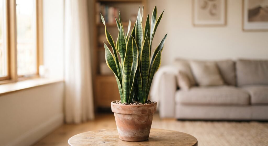 Planta espada-de-sao-jorge com folhas altas e rigidas em vaso de barro sobre mesa, sala iluminada ao fundo