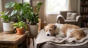 Cachorro pequeno dormindo em almofada perto de vasos de plantas como costela-de-adao e jiboia na sala