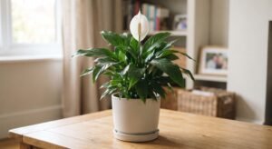Planta lirio-da-paz com folhas verdes brilhantes e uma flor branca, em vaso de ceramica branca sobre mesa de madeira, ambiente interno