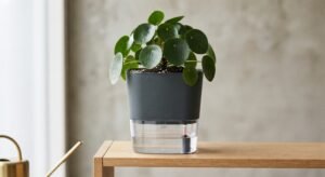 Planta saudavel em vaso autoirrigavel moderno com reservatorio de agua visivel na base