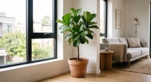 Ficus lyrata em vaso de terracota em sala de apartamento