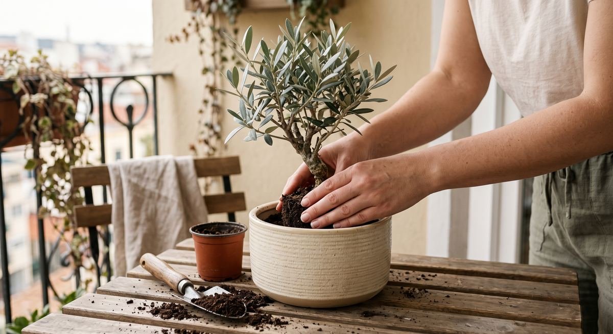 Replantio de oliveira anã em vaso na varanda