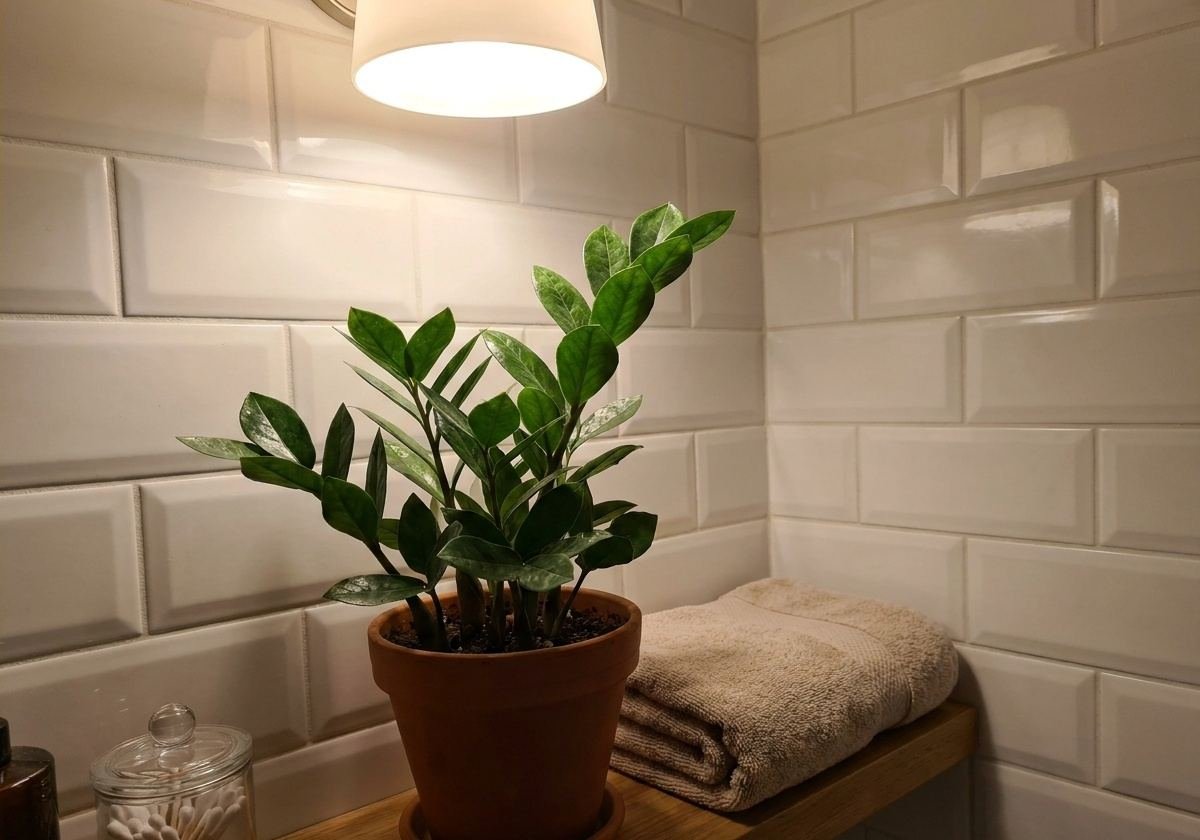 Zamioculca em banheiro sem janela, com iluminação artificial