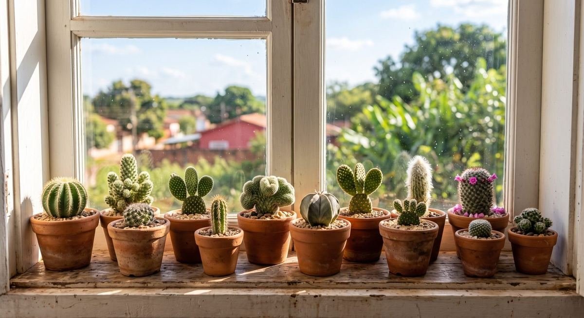 Coleção de cactos variados em vasos de terracota na janela