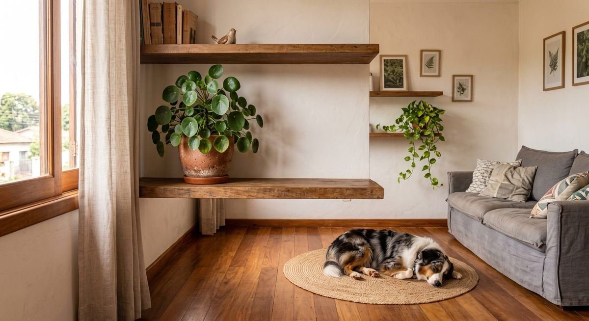 Cachorro dormindo no chão longe de planta em prateleira alta