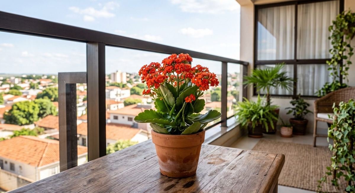 Kalanchoe florido em vaso na varanda do apartamento