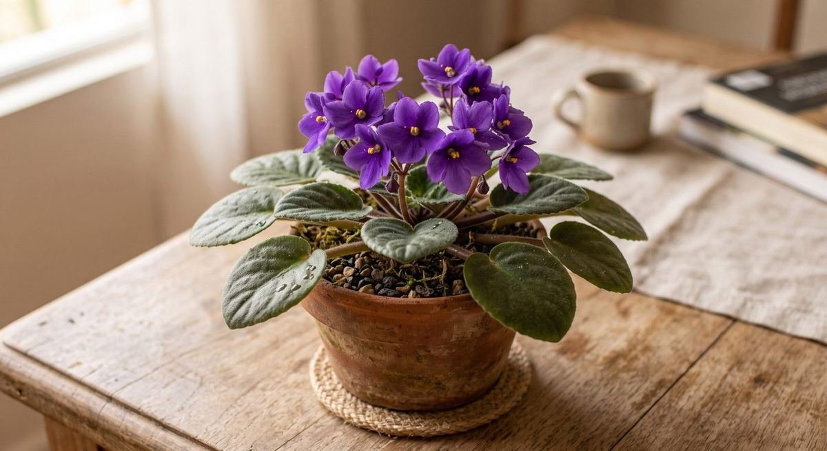 Violeta africana florida em vaso de barro