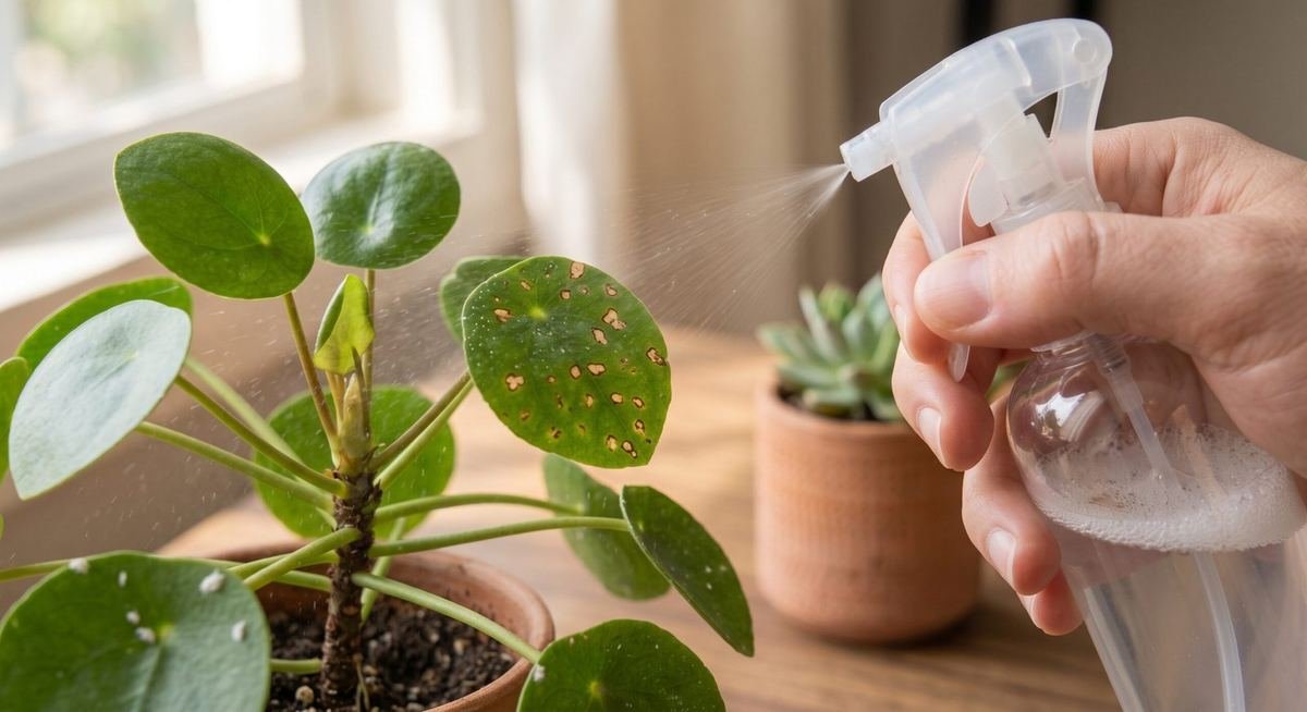 Pulverizando solução de vinagre diluído em folha com manchas de fungo