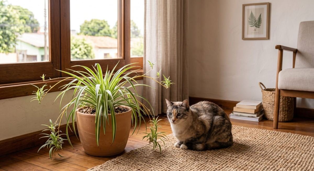 Gato sentado perto de um clorofito em vaso de apartamento
