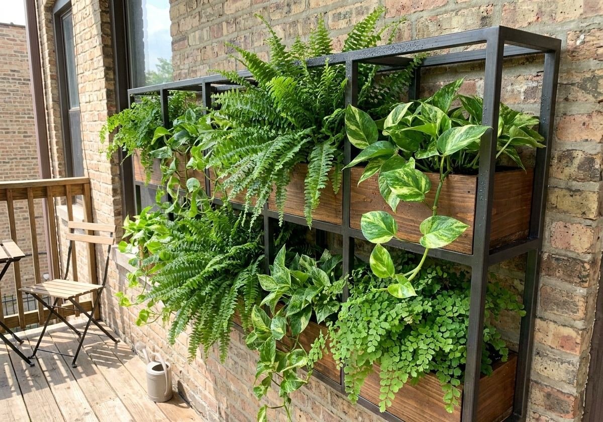Jardim vertical modular com samambaias e jiboias em varanda