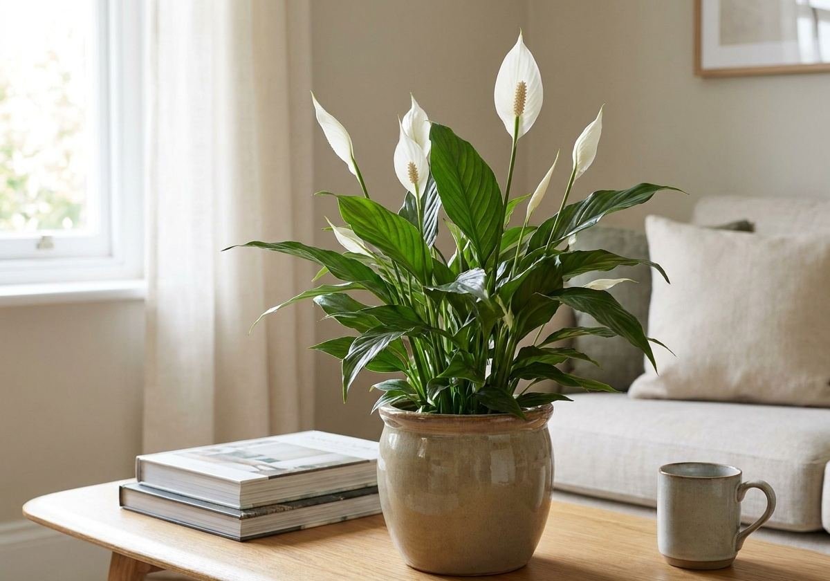 Lírio-da-paz florido com flores brancas em vaso na sala