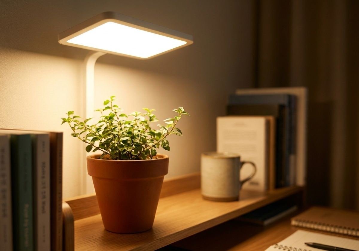 Planta pequena sob luminária de LED em uma mesa de escritório