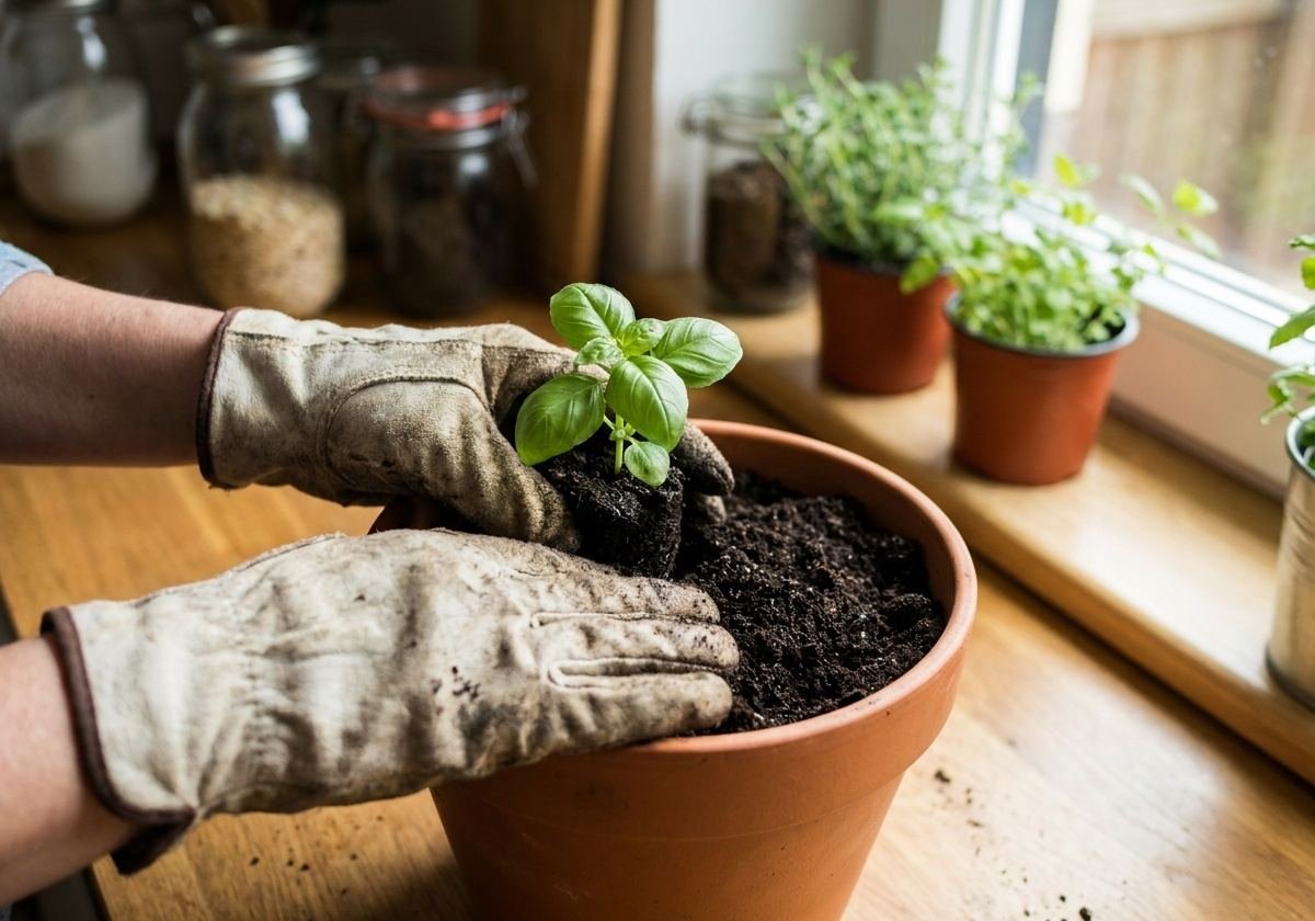 Plantando muda de manjericão em vaso de terracota