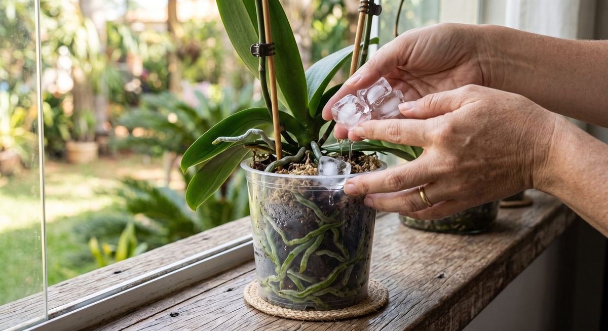 Regando orquídea com cubos de gelo derretendo no vaso