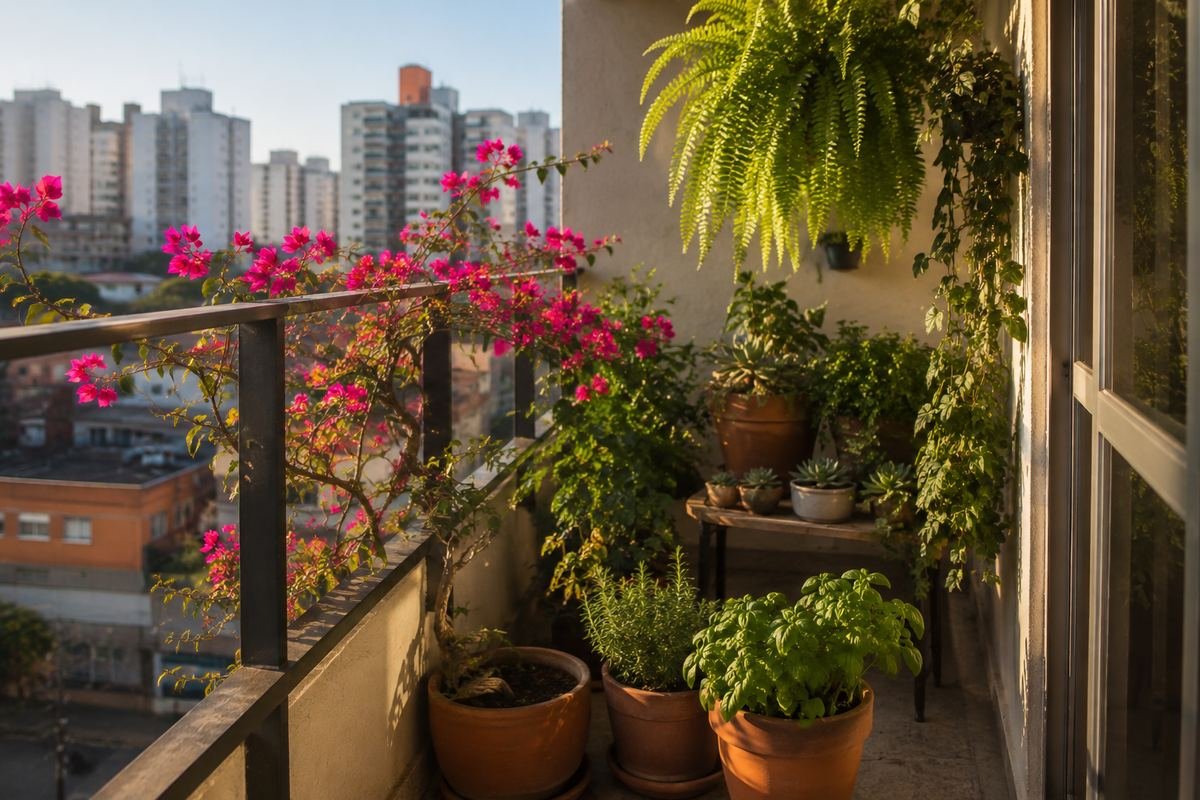 Varanda de apartamento com bougainvillea, manjericao e suculentas ao entardecer