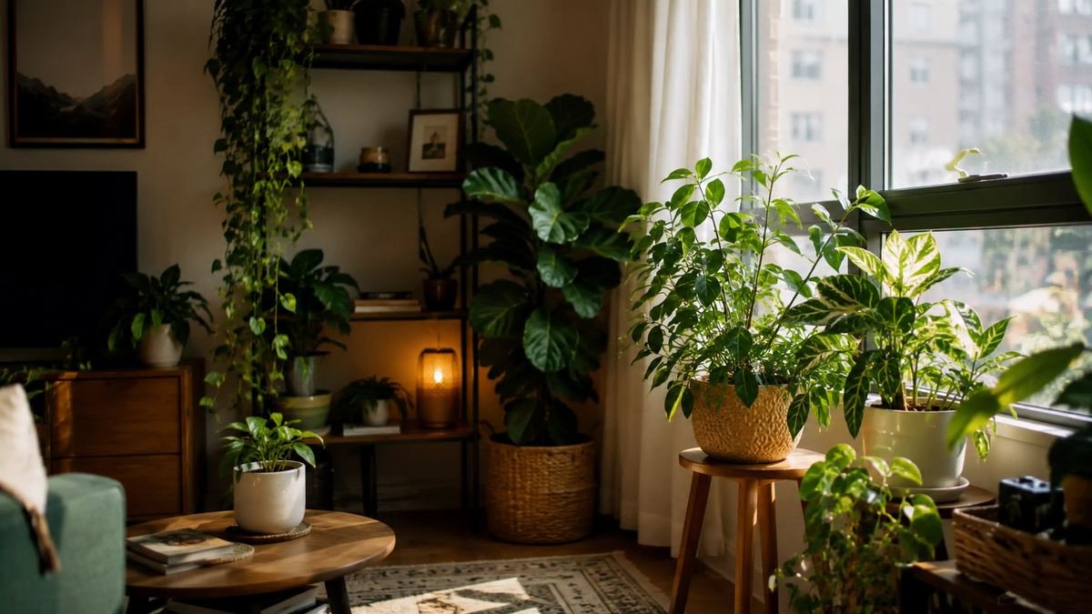 Sala de apartamento com pouca luz natural cheia de plantas resistentes a sombra