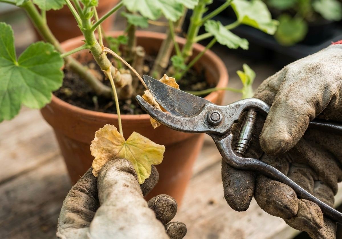 Podando folha amarelada de uma planta com tesoura de jardim