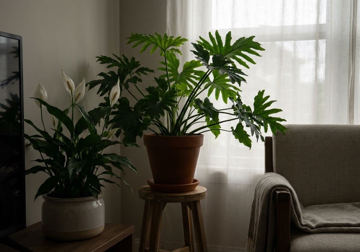 Sala com pouca luz natural e plantas tolerantes à sombra