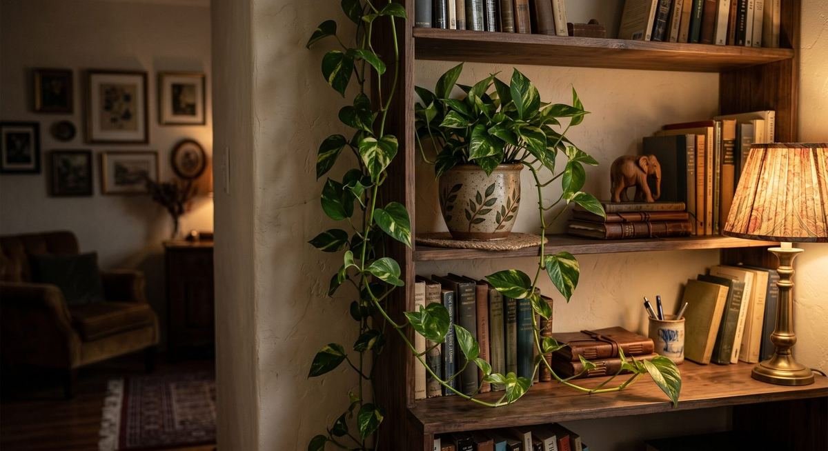 Jiboia em vaso sobre estante em ambiente com pouca luz natural