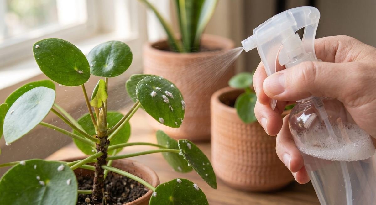 Pulverizando solução de água e sabão sobre folhas com pulgão
