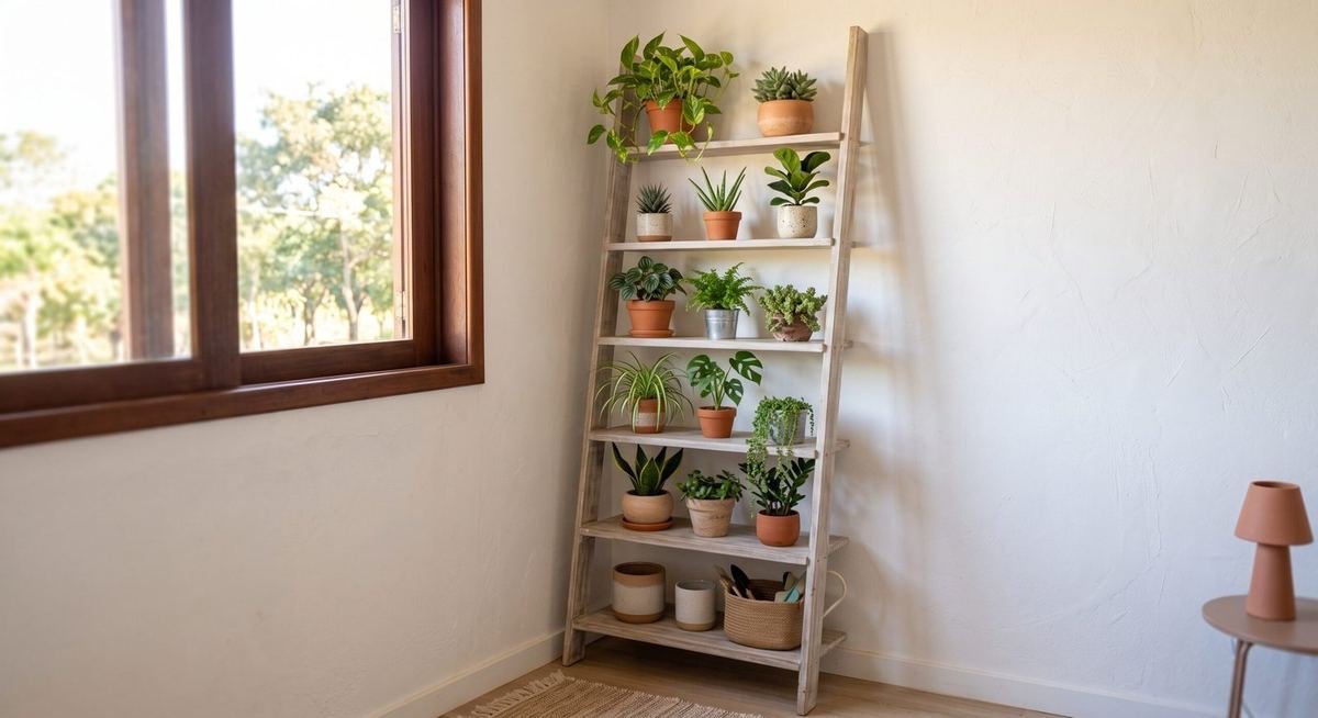 Estante em escada com diversas plantas pequenas organizadas por prateleira