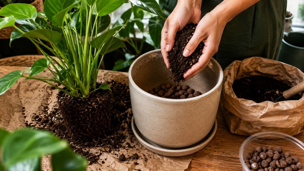 Maos adicionando substrato e argila expandida em um vaso ceramico durante o replantio de uma planta