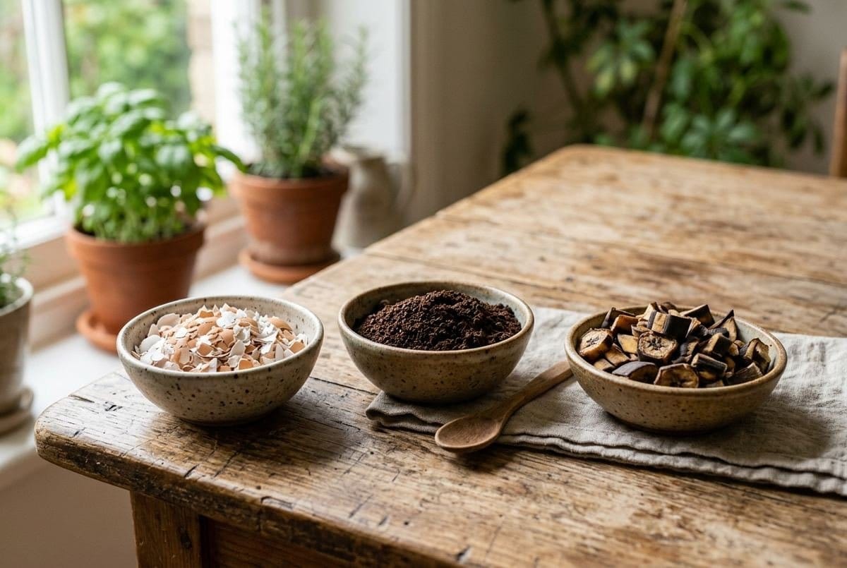 Casca de ovo triturada, borra de café e casca de banana usadas como adubo caseiro