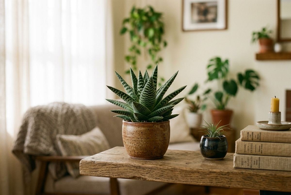 Gasteria em prateleira de uma sala com luz suave