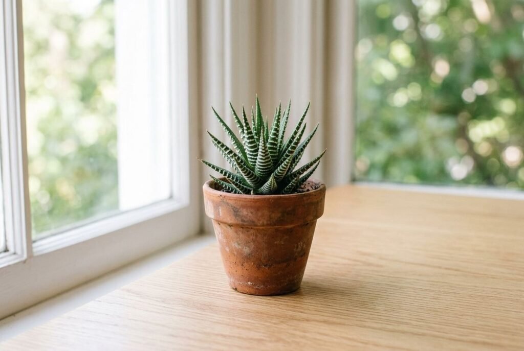 Haworthia zebra em vaso pequeno sobre a mesa com luz indireta