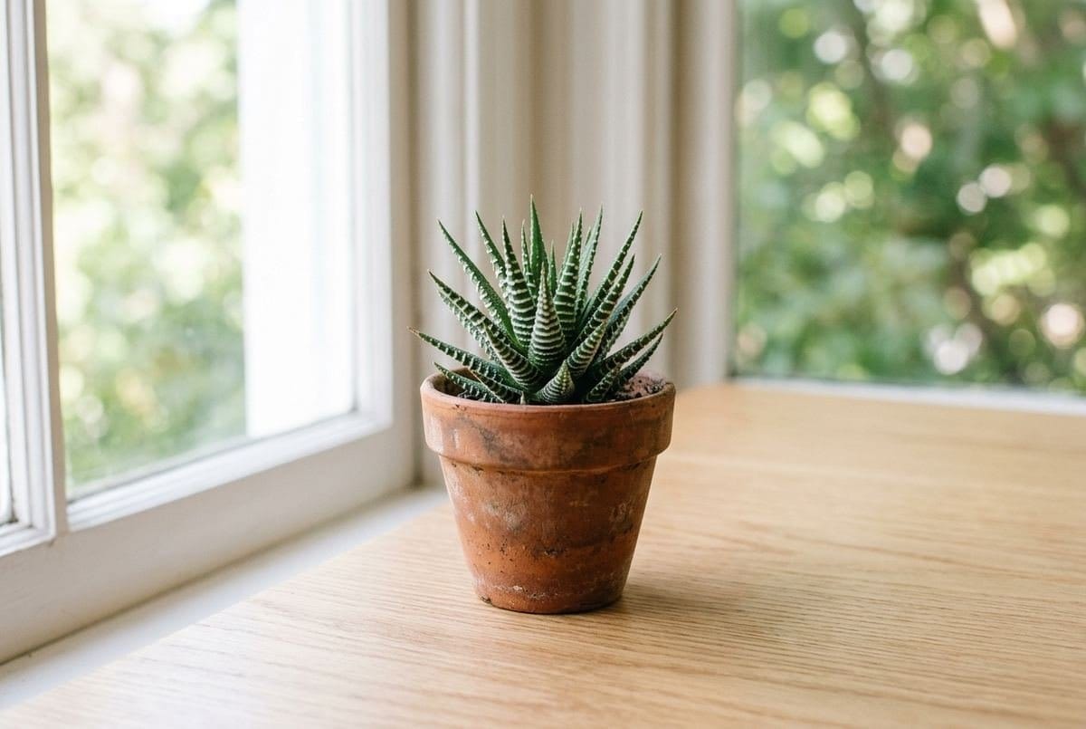 Haworthia zebra em vaso pequeno sobre a mesa com luz indireta