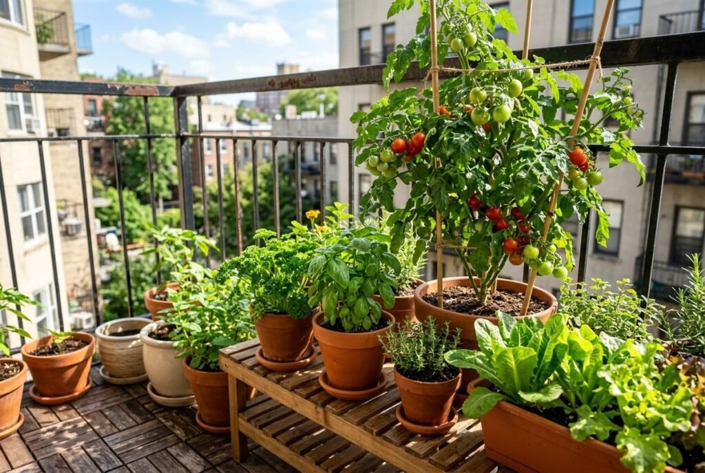 Horta em vasos na varanda de um apartamento com temperos, alface e tomate cereja