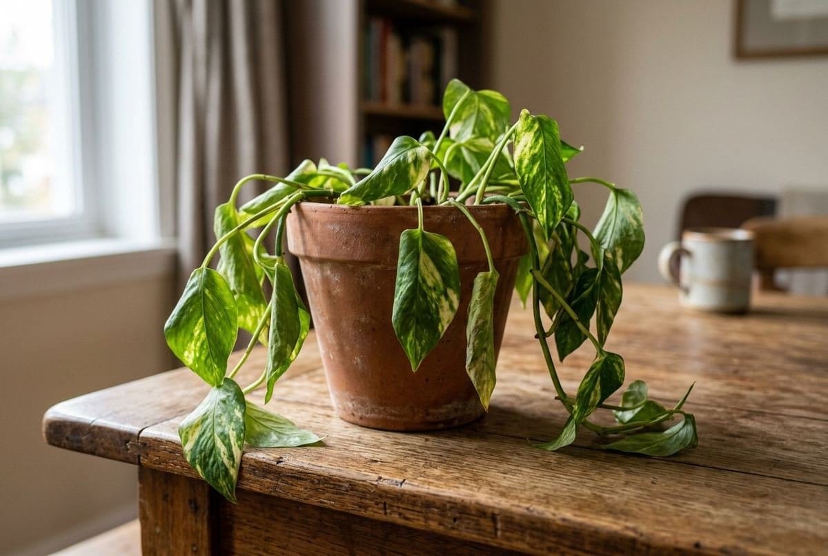 Jiboia com folhas murchas em vaso, sinal de que a planta precisa de água
