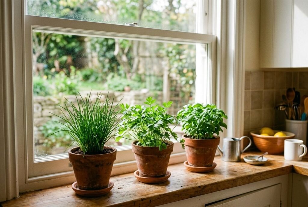 Mini horta no peitoril com vasos de cebolinha, salsinha e manjericão