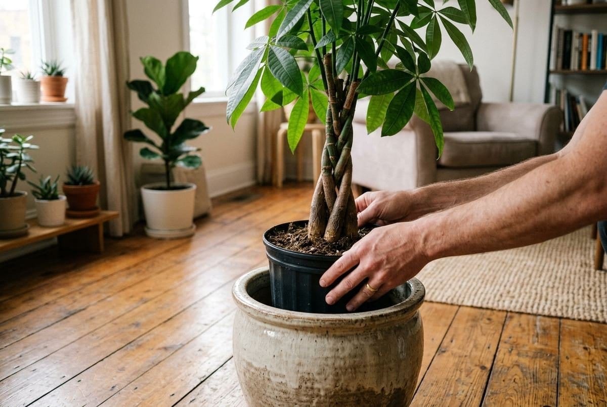 Mãos posicionando uma pachira aquatica em vaso pesado de cerâmica no piso do apartamento