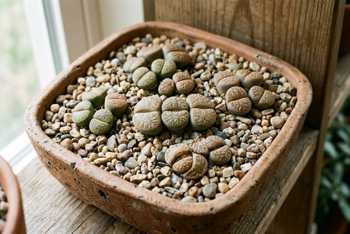Pedras-vivas (Lithops) em vaso raso com pedrisco