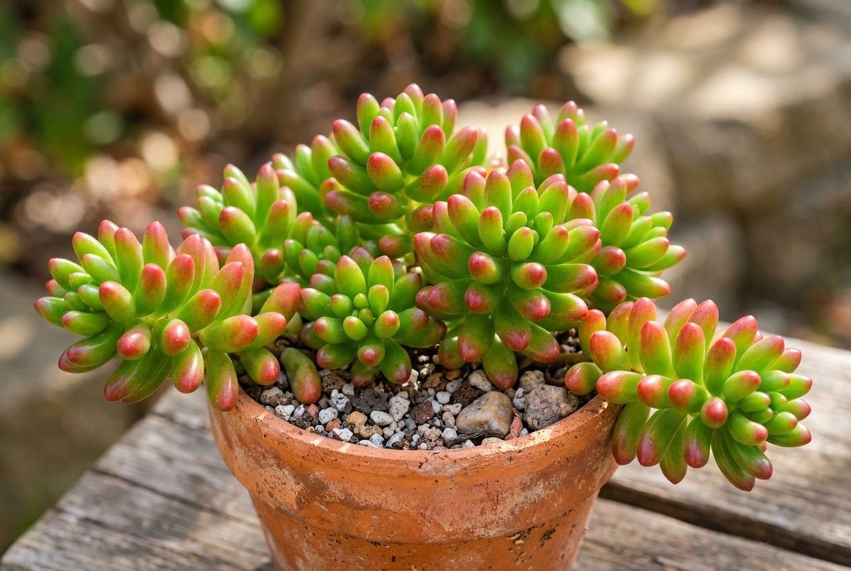 Sedum rubrotinctum com folhas carnudas e pontas avermelhadas ao sol